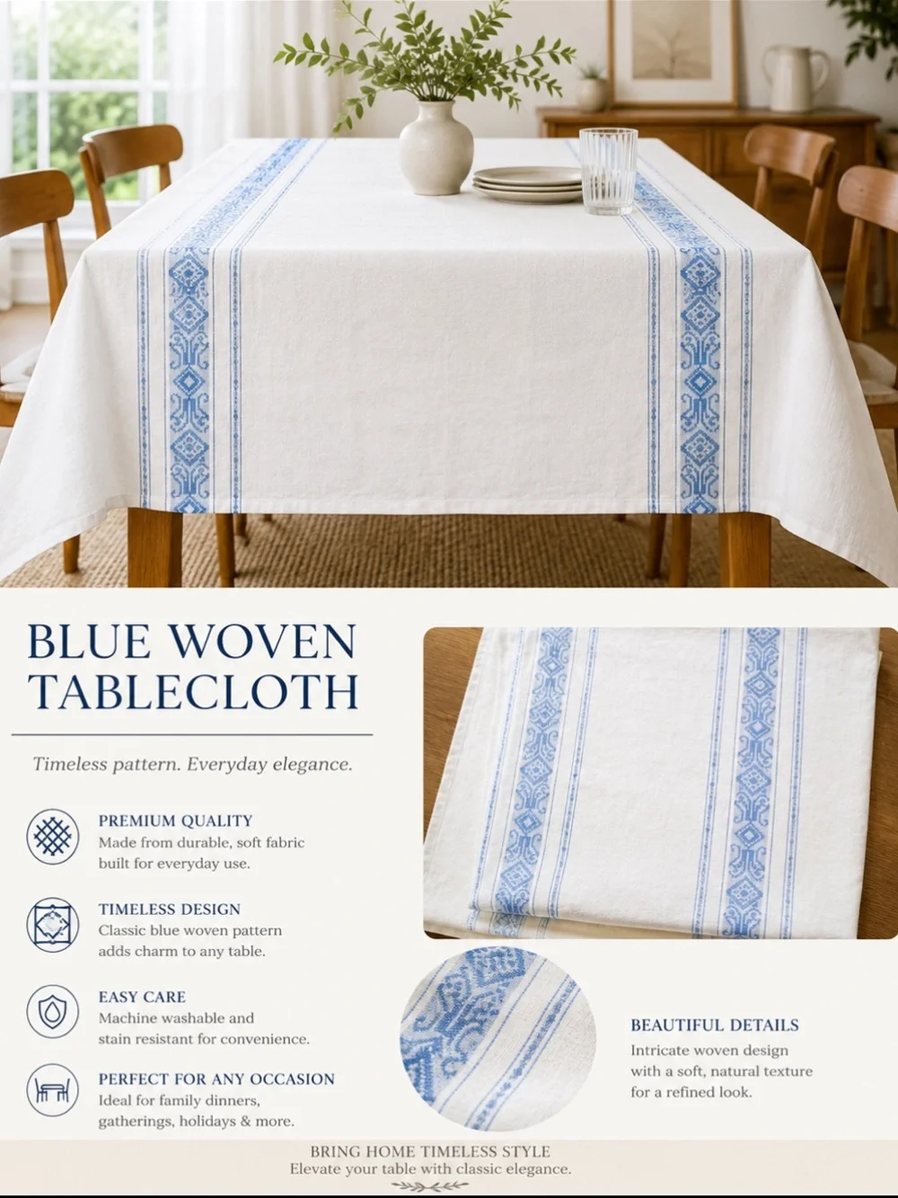 Vintage Damask Woven Textile Tablecloth w/ Woven Geometric Stripe. 55x75 Blue